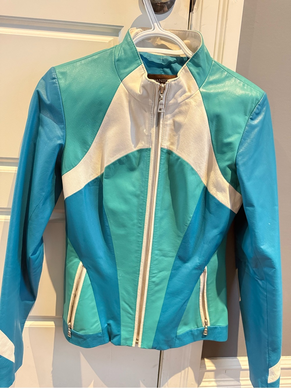 Danier Genuine Leather Teal Blue White Colourblock Moto Jacket 2XS Y2K